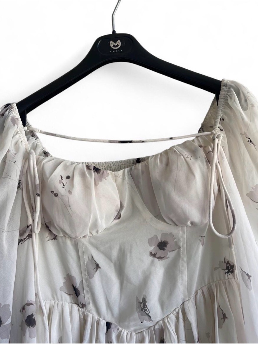 K-Fashion Floral Chiffon Puff Sleeve Smocked Corset Fairy Mini Dress | Cream M - Picture 5 of 16